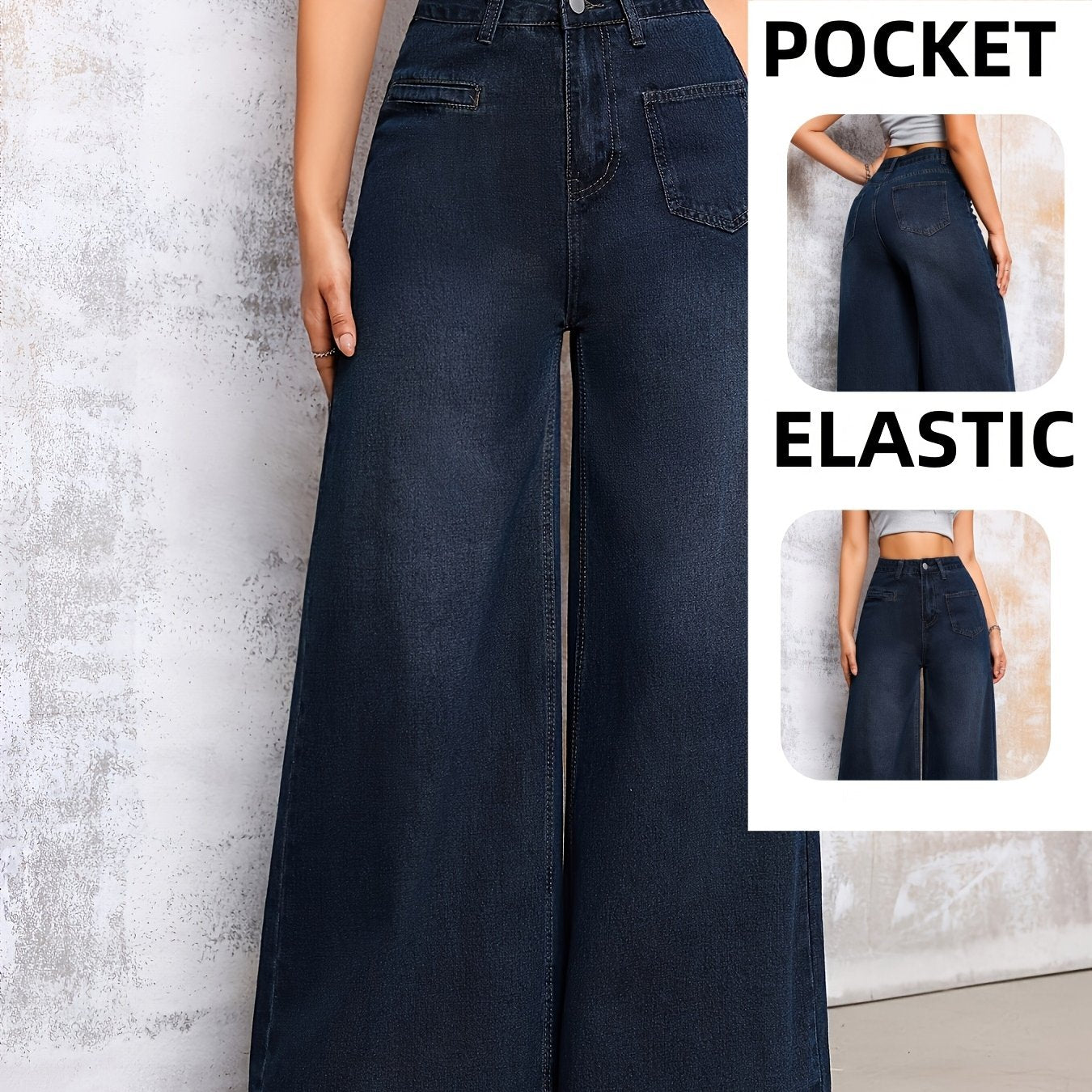 Solid Color Wide Leg Jeans – High-Rise Indigo Denim with Stretch Comfort