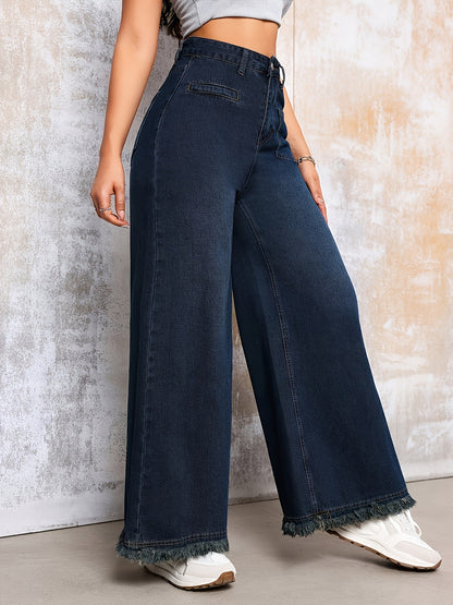 Solid Color Wide Leg Jeans – High-Rise Indigo Denim with Stretch Comfort