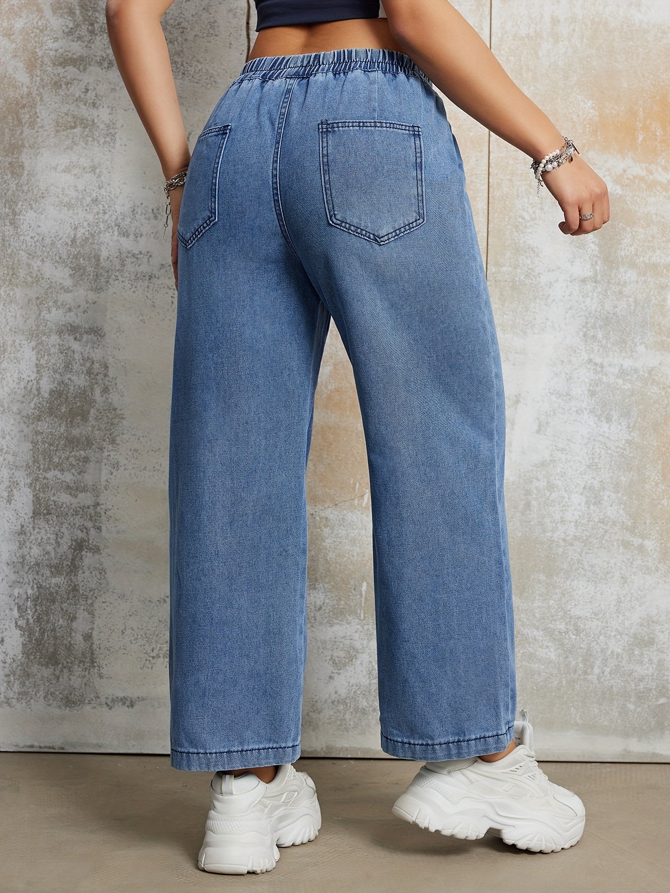 FlexDenim – Relaxed Wide-Leg Blue Denim Pants with Elastic High-Rise Waistband