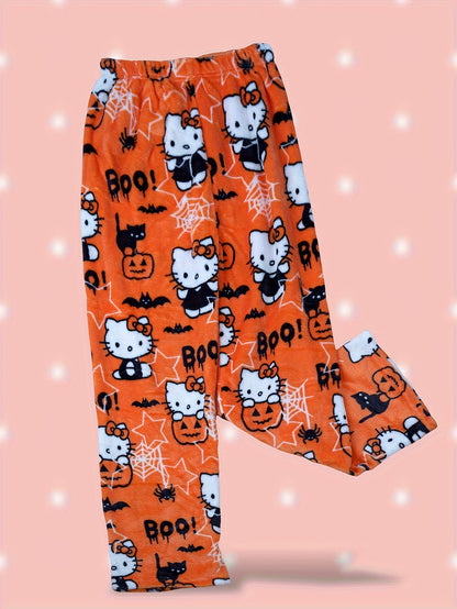 Damen Flanell Schlafhose | Warmes Polyester | Halloween Hello Kitty Druck | Gemütliche Lange Lounge-Pyjama-Hose