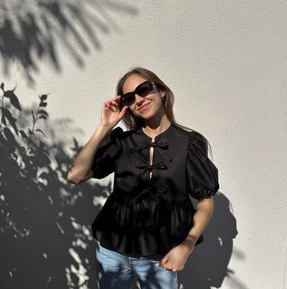 Leopard Bow Puff Sleeve Top™ — Feminine Flair Meets Effortless Charm