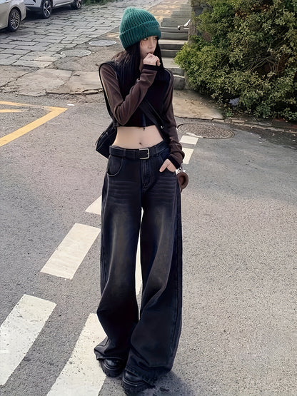 RetroLoom Vintage Denim Pants – Distressed Wide-Leg High-Waisted Jeans with Soft Comfort