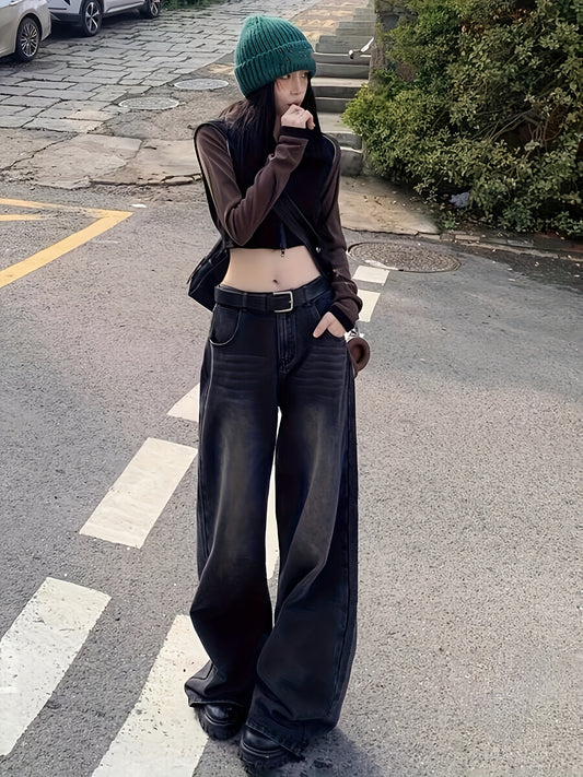 RetroLoom Vintage Denim Pants – Distressed Wide-Leg High-Waisted Jeans with Soft Comfort