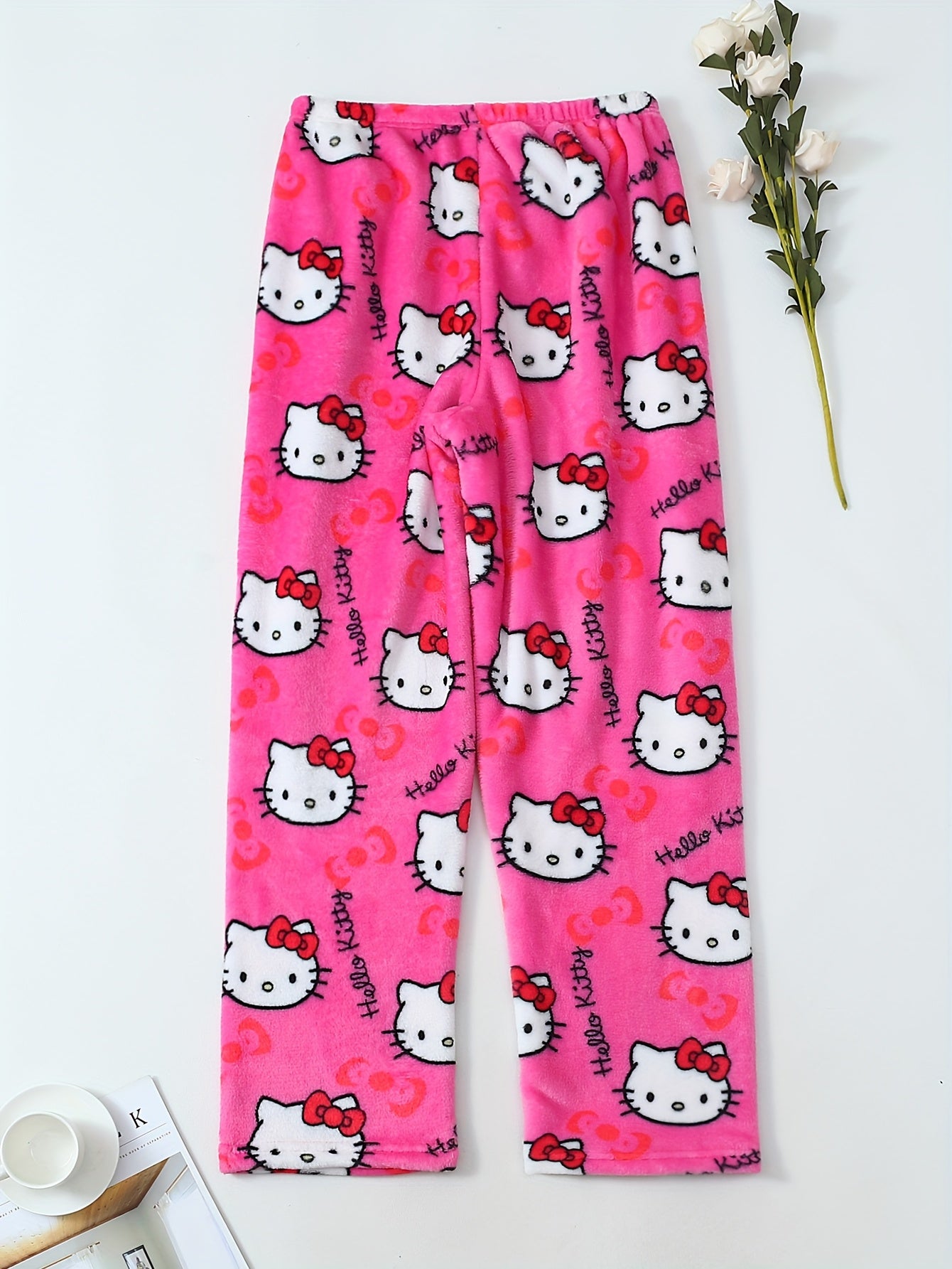 Damen Flanell Schlafhose | Warmes Polyester | Halloween Hello Kitty Druck | Gemütliche Lange Lounge-Pyjama-Hose