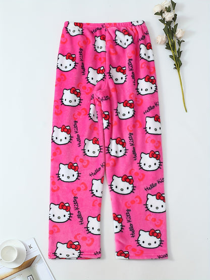 Damen Flanell Schlafhose | Warmes Polyester | Halloween Hello Kitty Druck | Gemütliche Lange Lounge-Pyjama-Hose