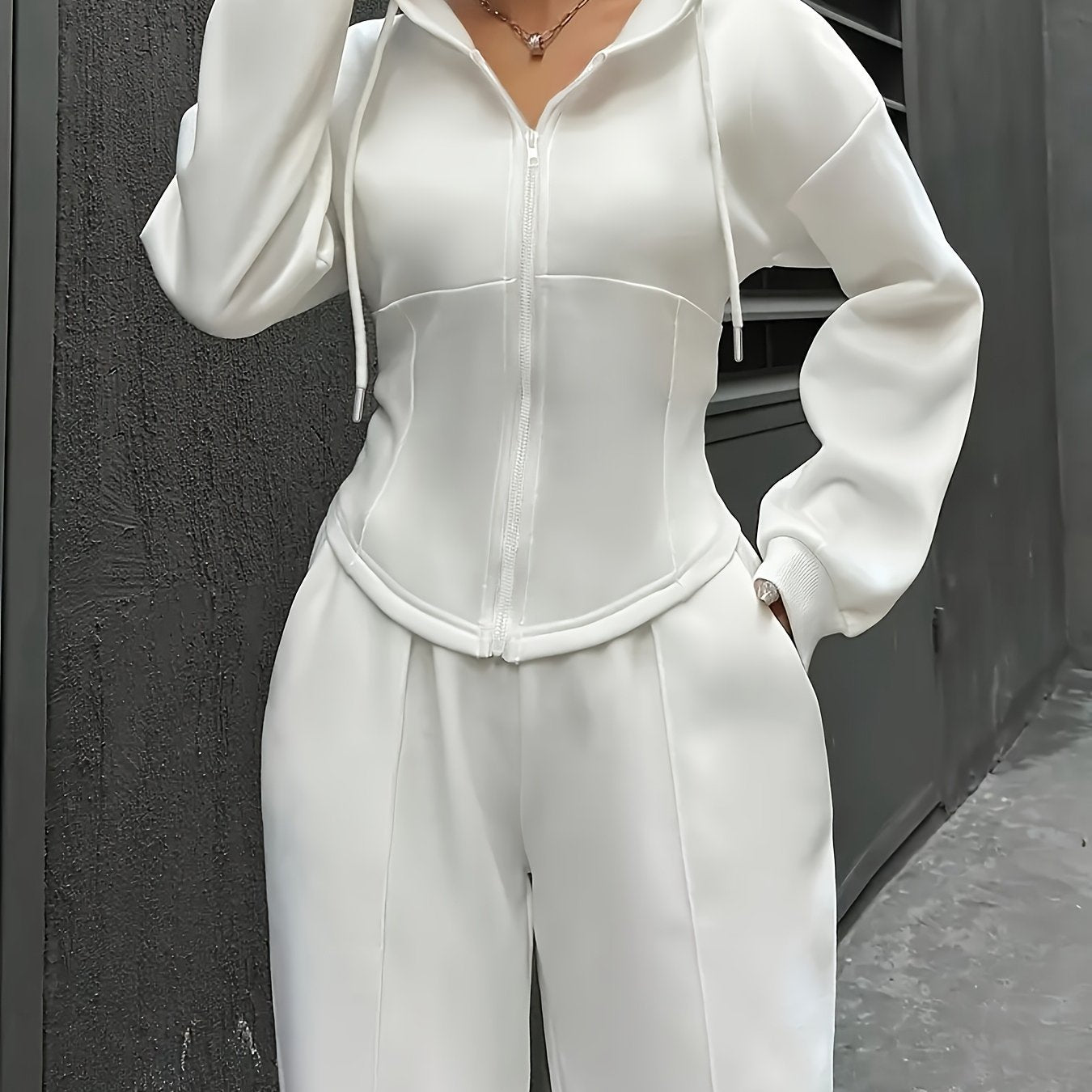 Women's Casual Hooded Zip-Up Sweatshirt & Jogger Pants Set | Long Sleeve | Solid White | Comfortable Fit
