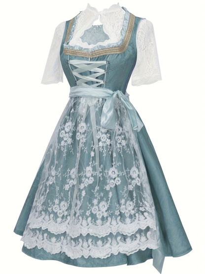 AquaVine Dirndl Dress – Vintage Floral Embroidered Knee-Length Dress for Oktoberfest