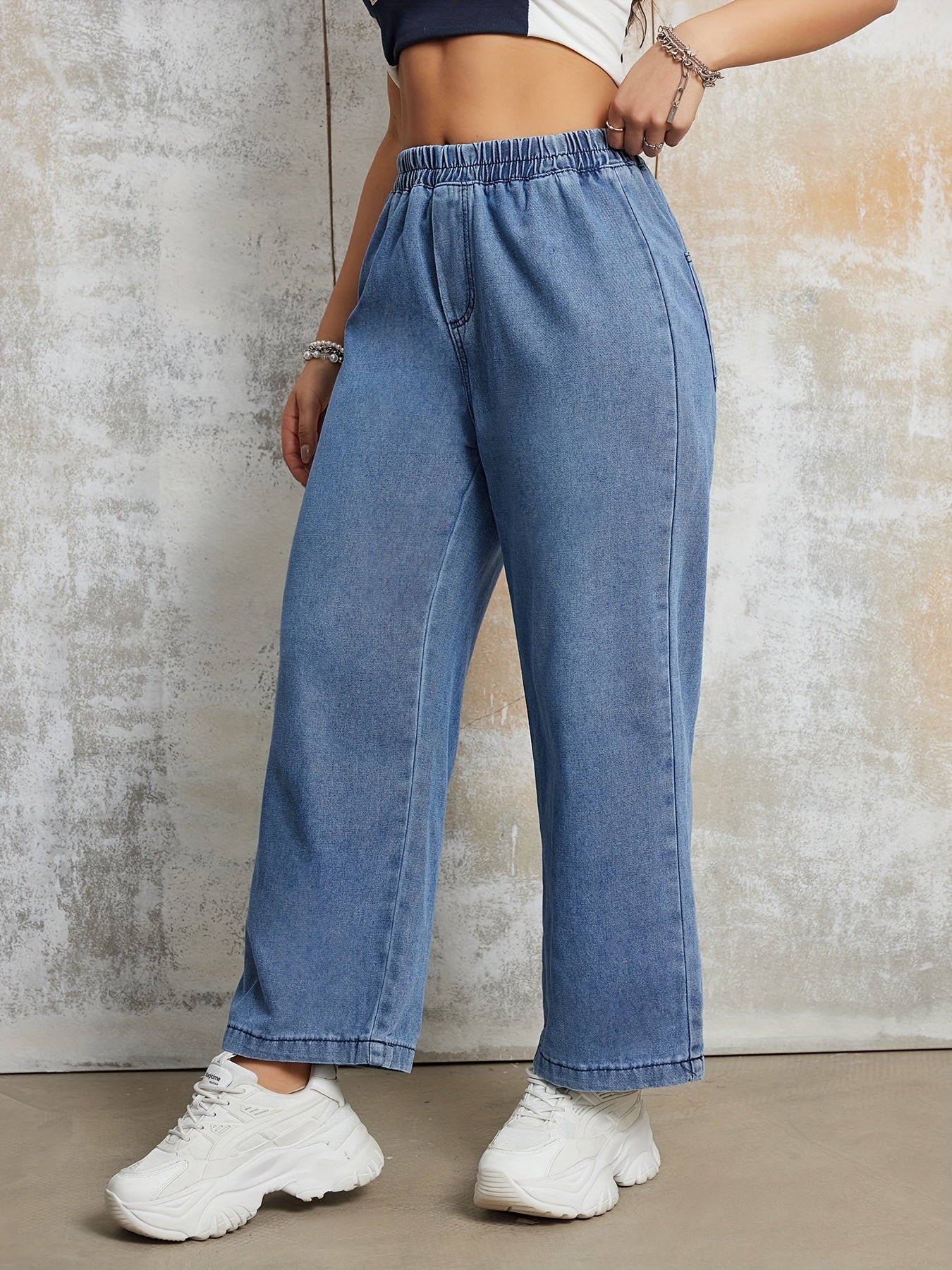 FlexDenim – Relaxed Wide-Leg Blue Denim Pants with Elastic High-Rise Waistband