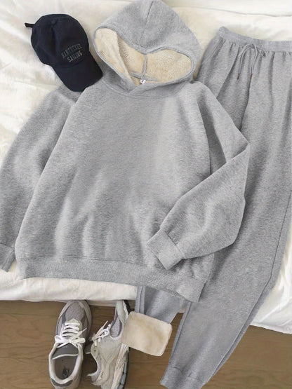 Women's Plush Fleece Hoodie and Jogger Set | Hooded | Knit Polyester | Autumn Winter Warm Loungewear