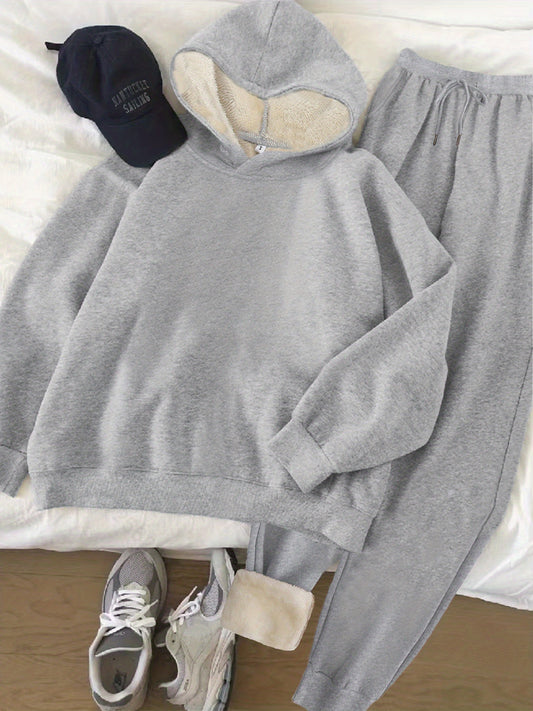 Women's Plush Fleece Hoodie and Jogger Set | Hooded | Knit Polyester | Autumn Winter Warm Loungewear