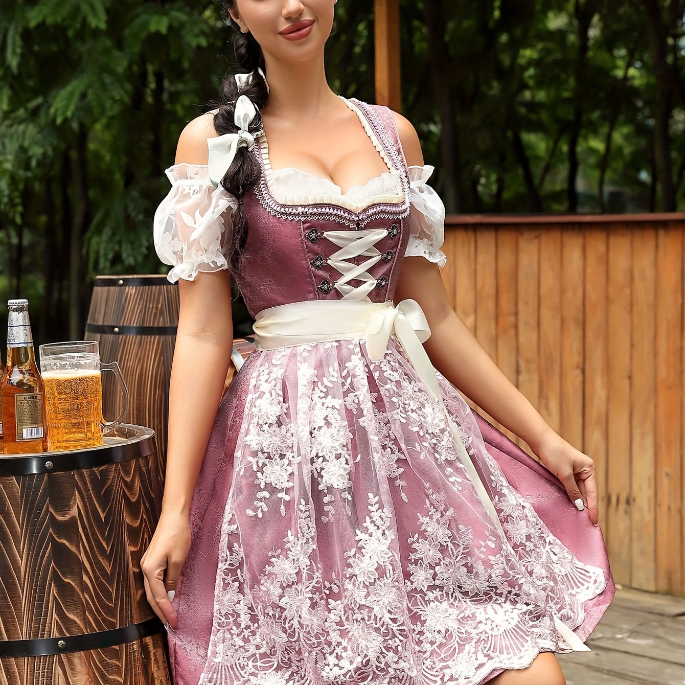 Pink Women's Dirndl Dress – Vintage Bavarian Style Oktoberfest Costume