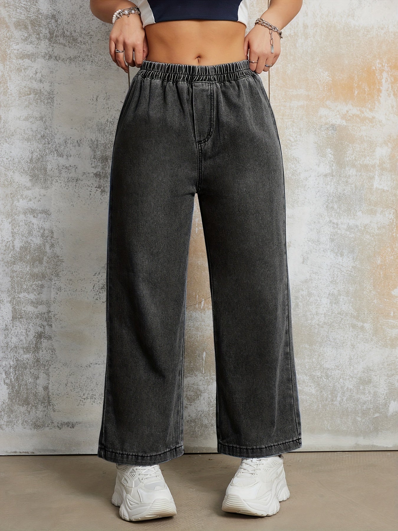 FlexDenim – Relaxed Wide-Leg Blue Denim Pants with Elastic High-Rise Waistband