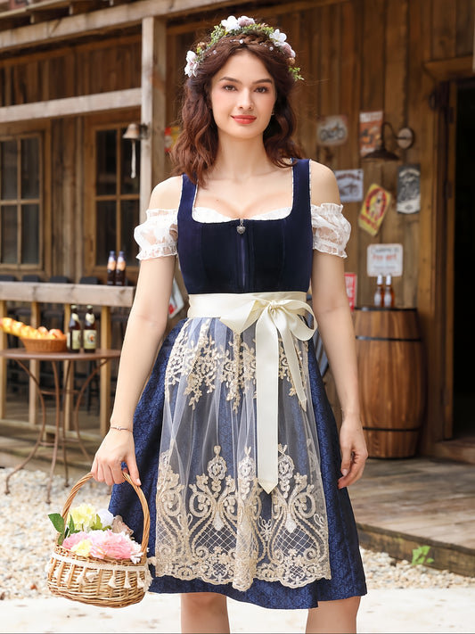 VelvetMuse Dirndl Dress – Elegant Bavarian Velvet Dress with Lace Sleeves