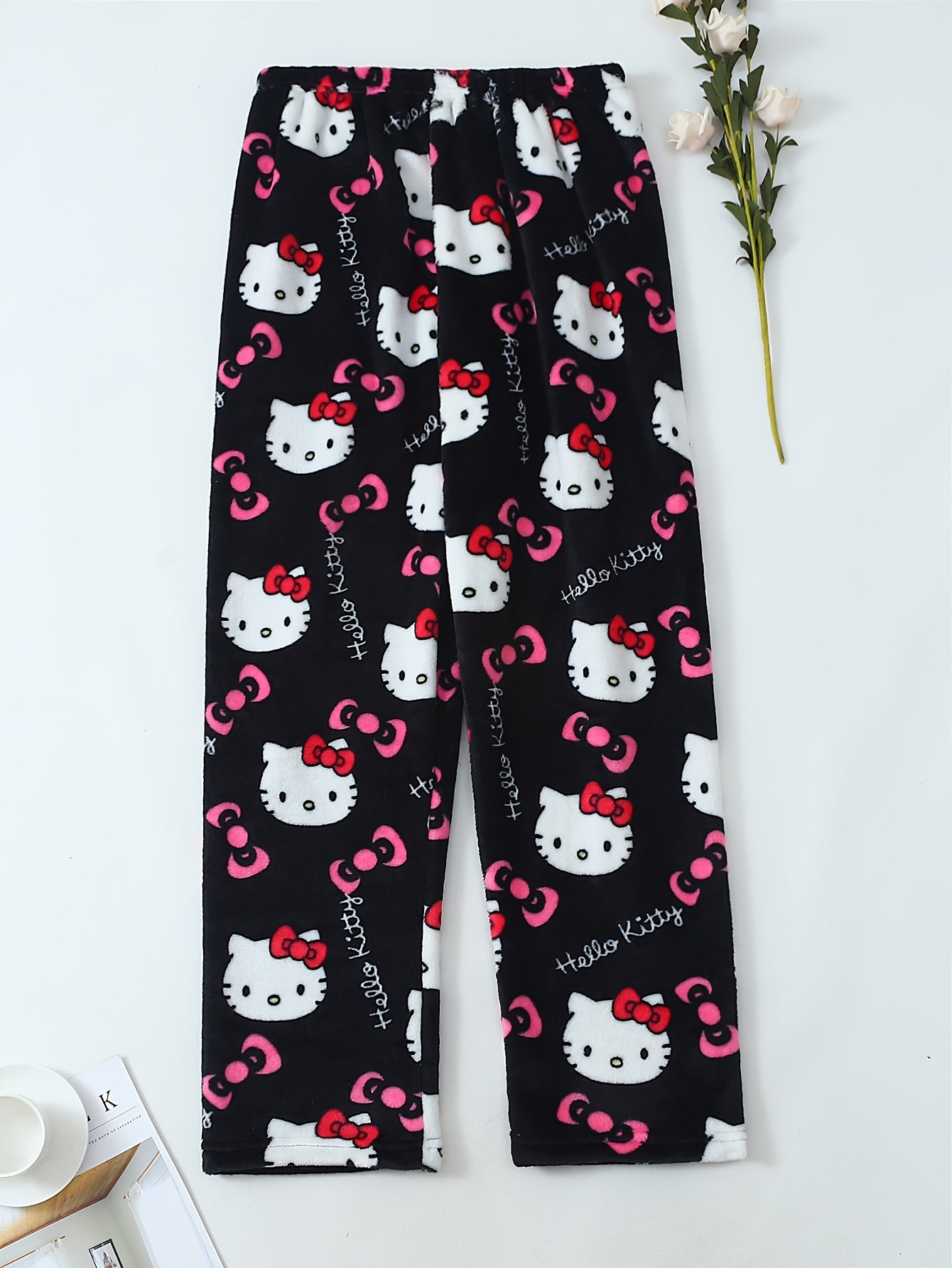 Damen Flanell Schlafhose | Warmes Polyester | Halloween Hello Kitty Druck | Gemütliche Lange Lounge-Pyjama-Hose
