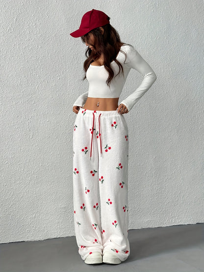 Women's Fleece-Lined Pajama Pants | Cherry Print | Adjustable Drawstring | Warm Flannel Lounge Wear for Fall Winter