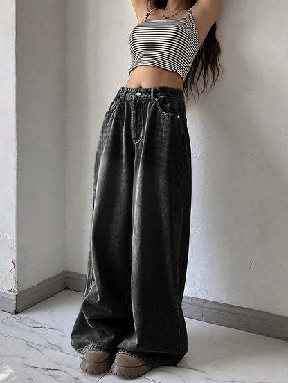 Chic High-Waisted Wide-Leg Black Denim – Relaxed Fit Casual Jeans