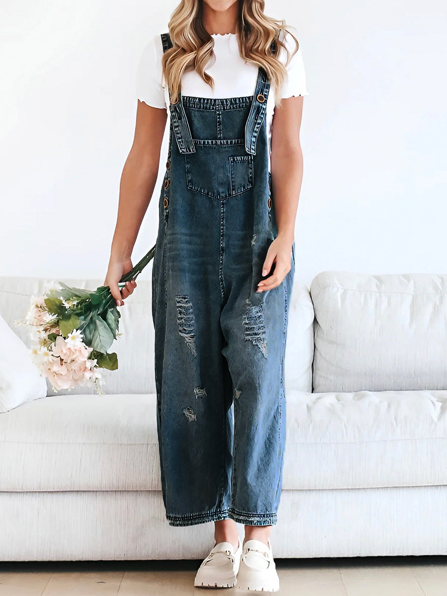 Loose Fit Distressed Denim Overalls™ — Effortless Comfort, Laid-Back Chic