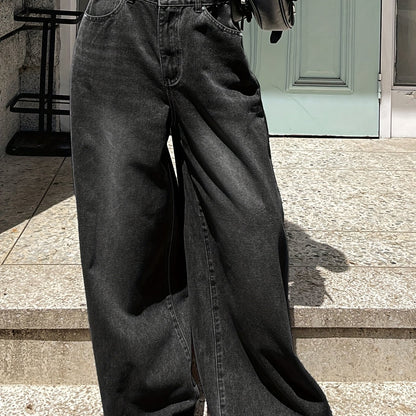 Chic High-Waisted Wide-Leg Black Denim – Relaxed Fit Casual Jeans