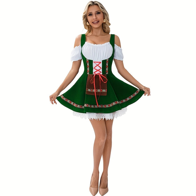 FestiCharm Dirndl Dress – Traditional Bavarian Oktoberfest Dress with Floral Trim and Apron