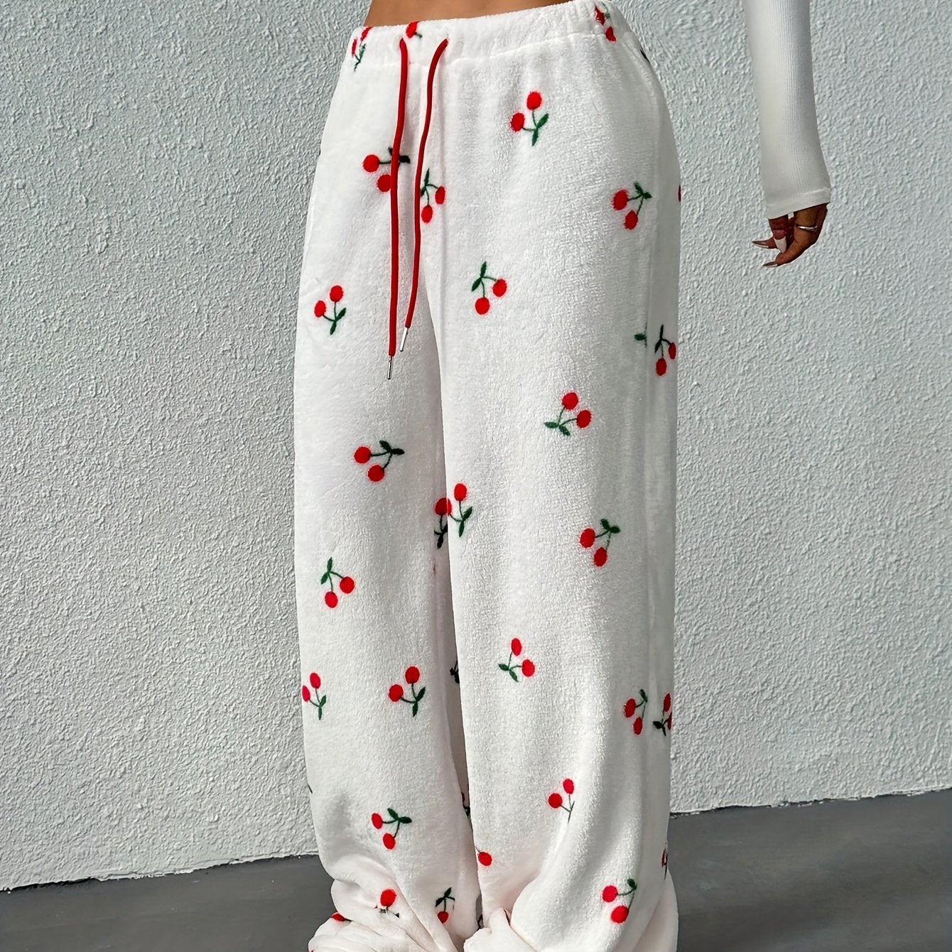 Women's Fleece-Lined Pajama Pants | Cherry Print | Adjustable Drawstring | Warm Flannel Lounge Wear for Fall Winter