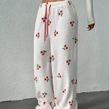 Women's Fleece-Lined Pajama Pants | Cherry Print | Adjustable Drawstring | Warm Flannel Lounge Wear for Fall Winter