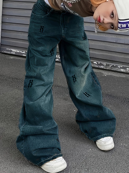 Baggy Gothic Embroidered Denim Pants – Loose-Fit Y2K Streetwear Style