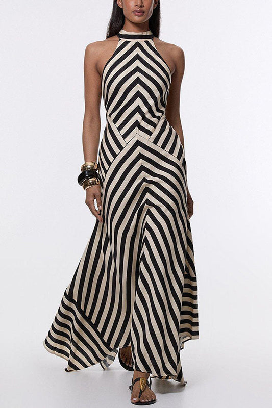 Geometric Stripe Maxi Dress with Open Back and Flowing Hem — Bold Graceful Movement