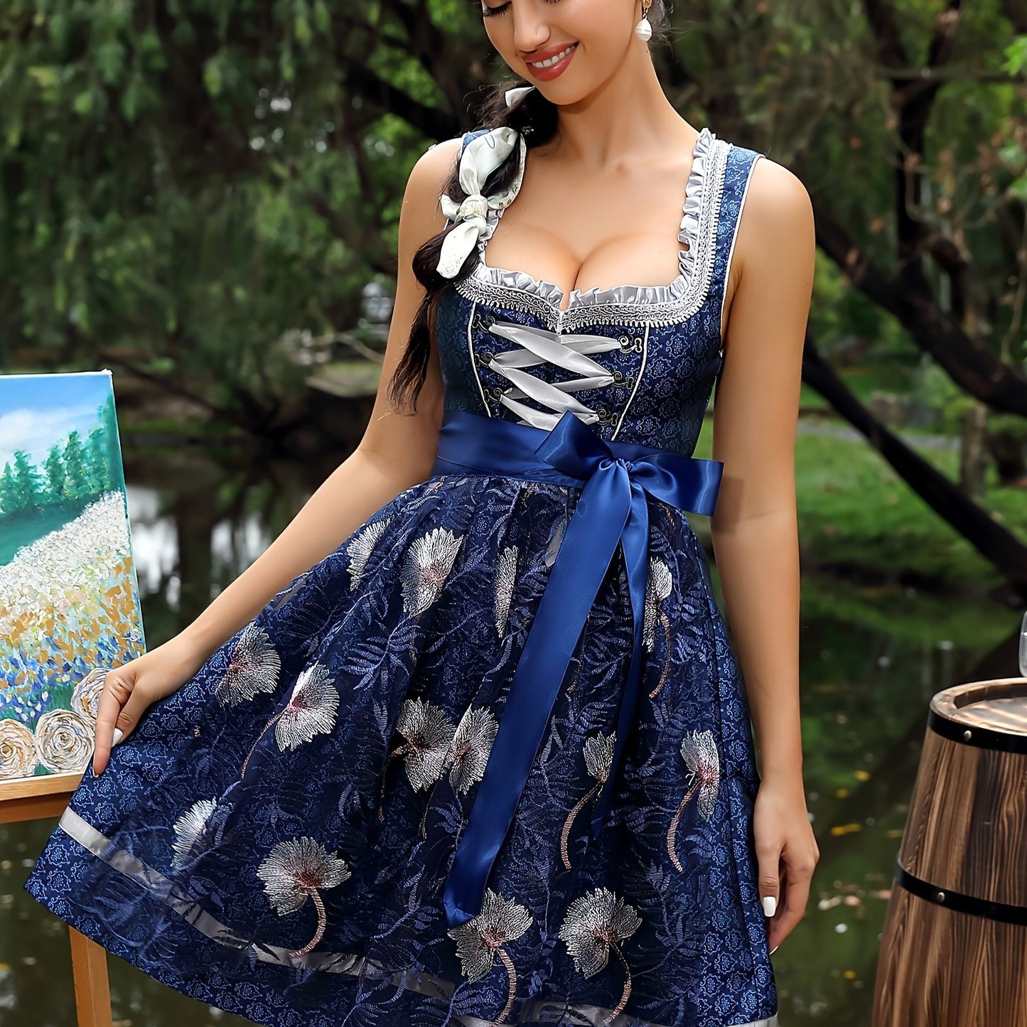 LuxeFete Dirndl Dress – Vintage-Inspired Skater Dress with Embroidered Overlay
