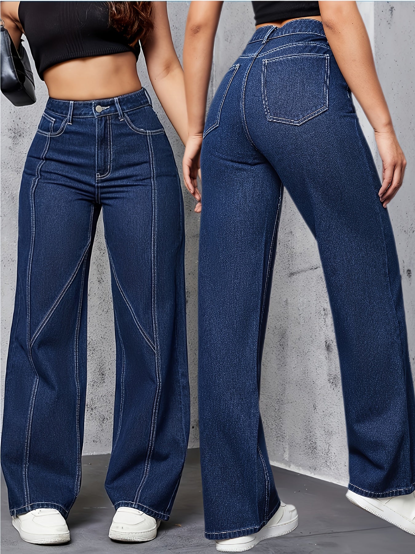 High-Waisted Flared Jeans – Medium Wash Denim with Leg-Lengthening Stitching