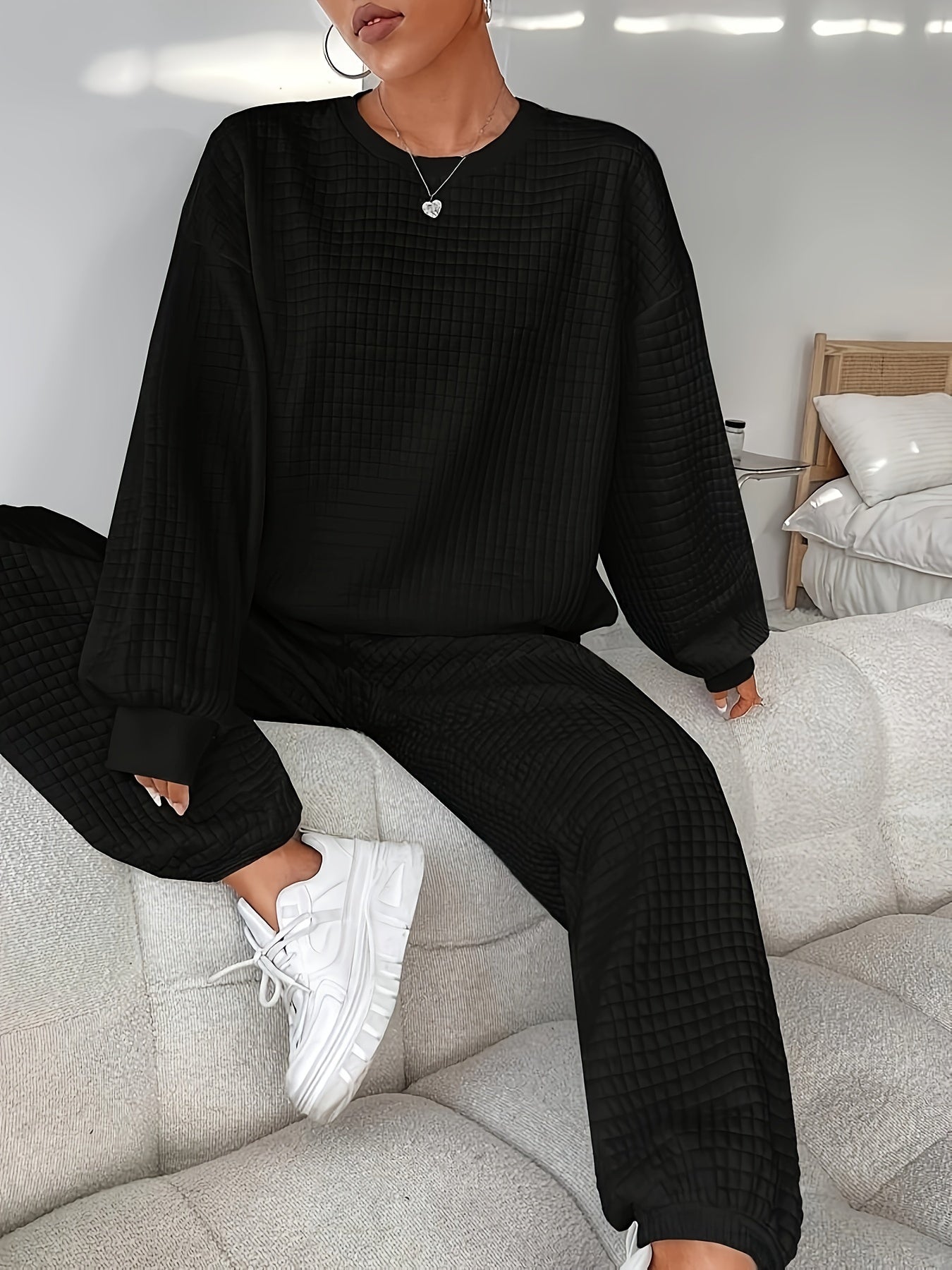 Women's Two-Piece Knit Loungewear Set | Solid Color | Oversized Crew-Neck Sweatshirt + Textured Knit Jogger Pants | Autumn Winter