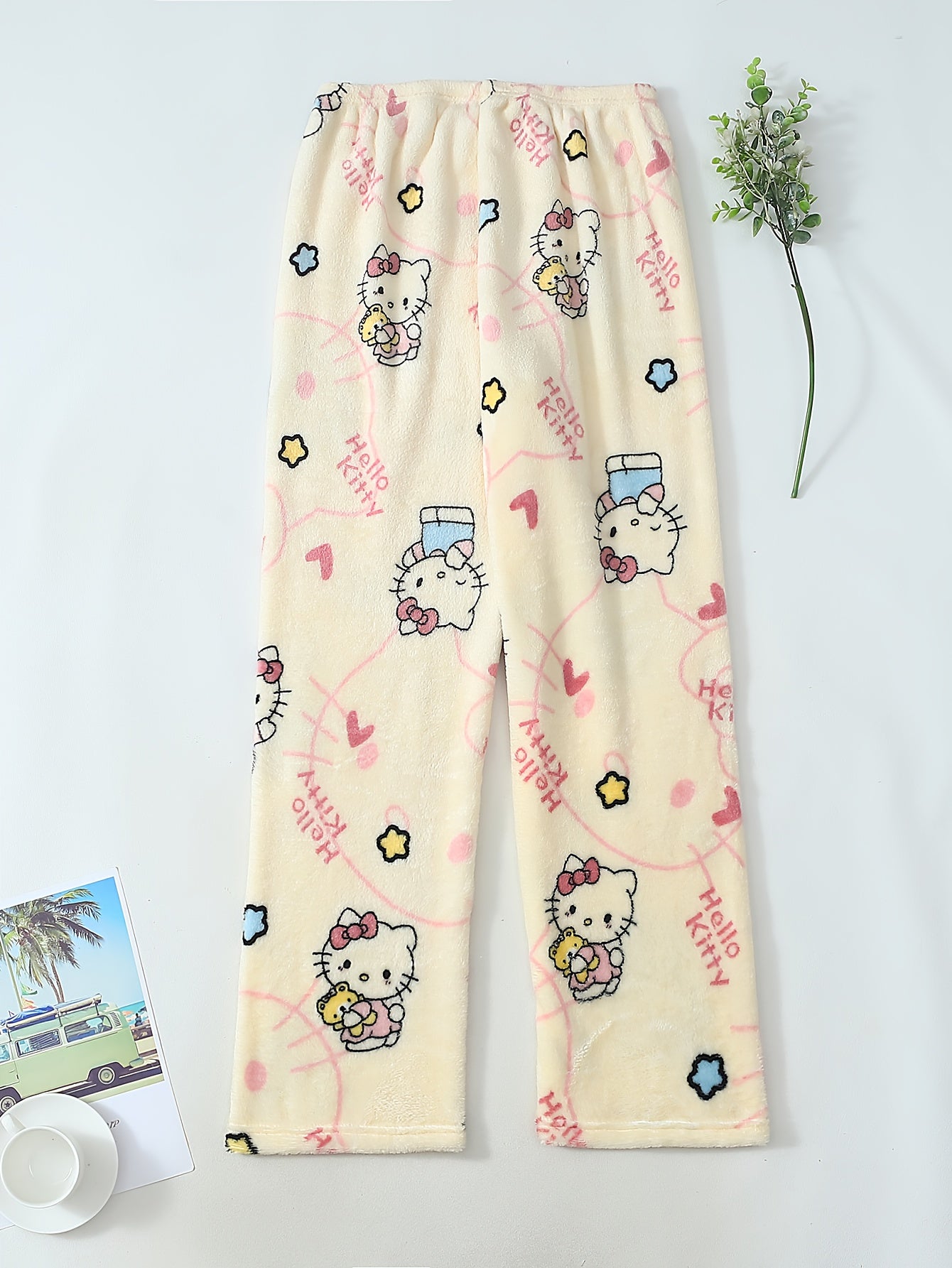 Damen Flanell Schlafhose | Warmes Polyester | Halloween Hello Kitty Druck | Gemütliche Lange Lounge-Pyjama-Hose