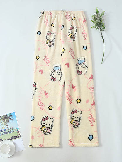 Damen Flanell Schlafhose | Warmes Polyester | Halloween Hello Kitty Druck | Gemütliche Lange Lounge-Pyjama-Hose