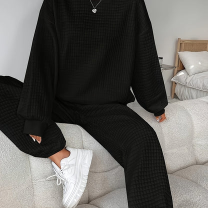 Women's Two-Piece Knit Loungewear Set | Solid Color | Oversized Crew-Neck Sweatshirt + Textured Knit Jogger Pants | Autumn Winter