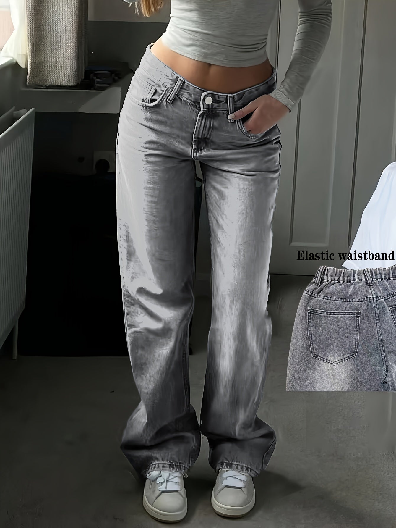 Space Gray High-Waisted Denim – Vintage Boot Cut Jeans for Casual Style