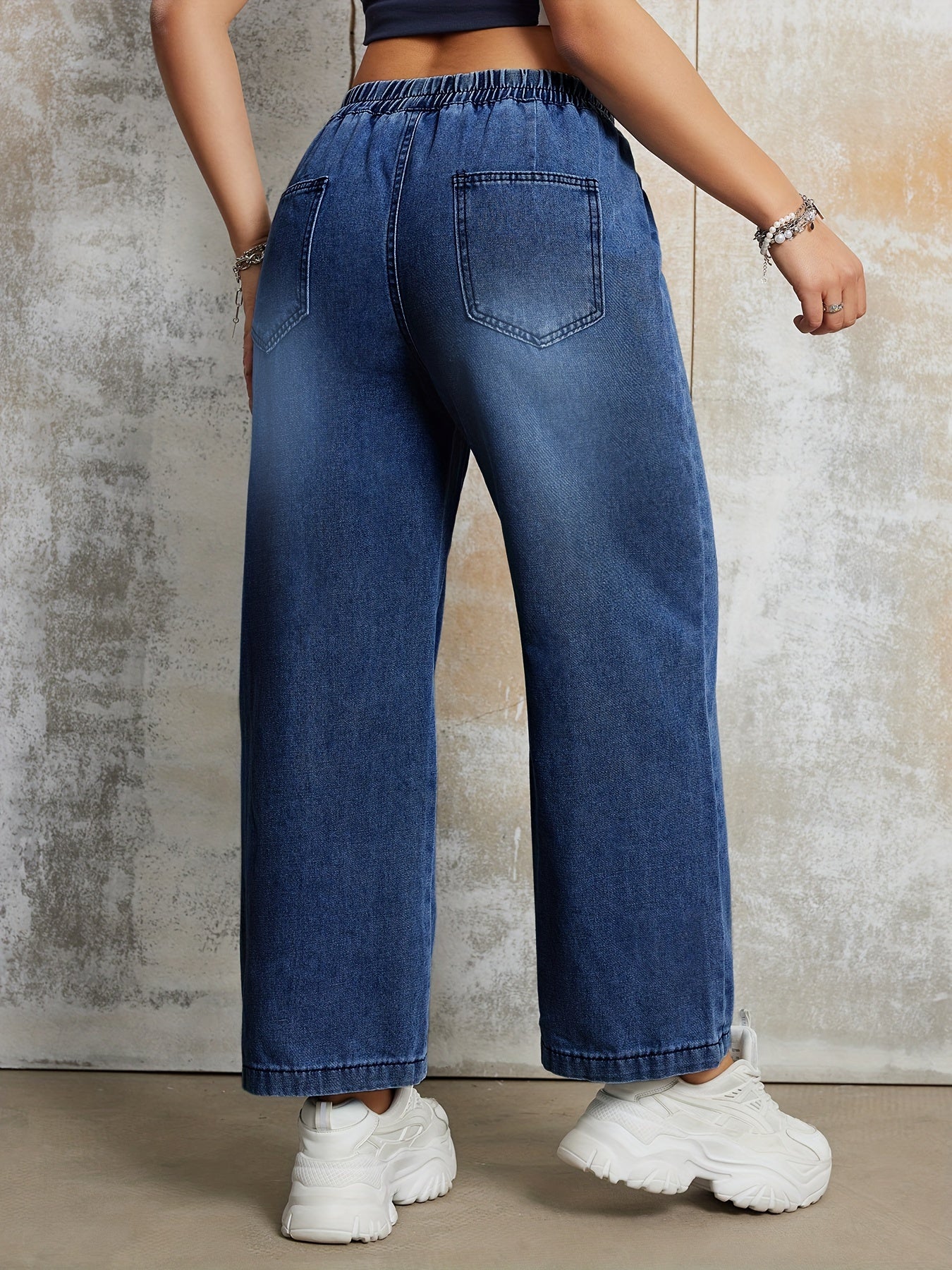 FlexDenim – Relaxed Wide-Leg Blue Denim Pants with Elastic High-Rise Waistband