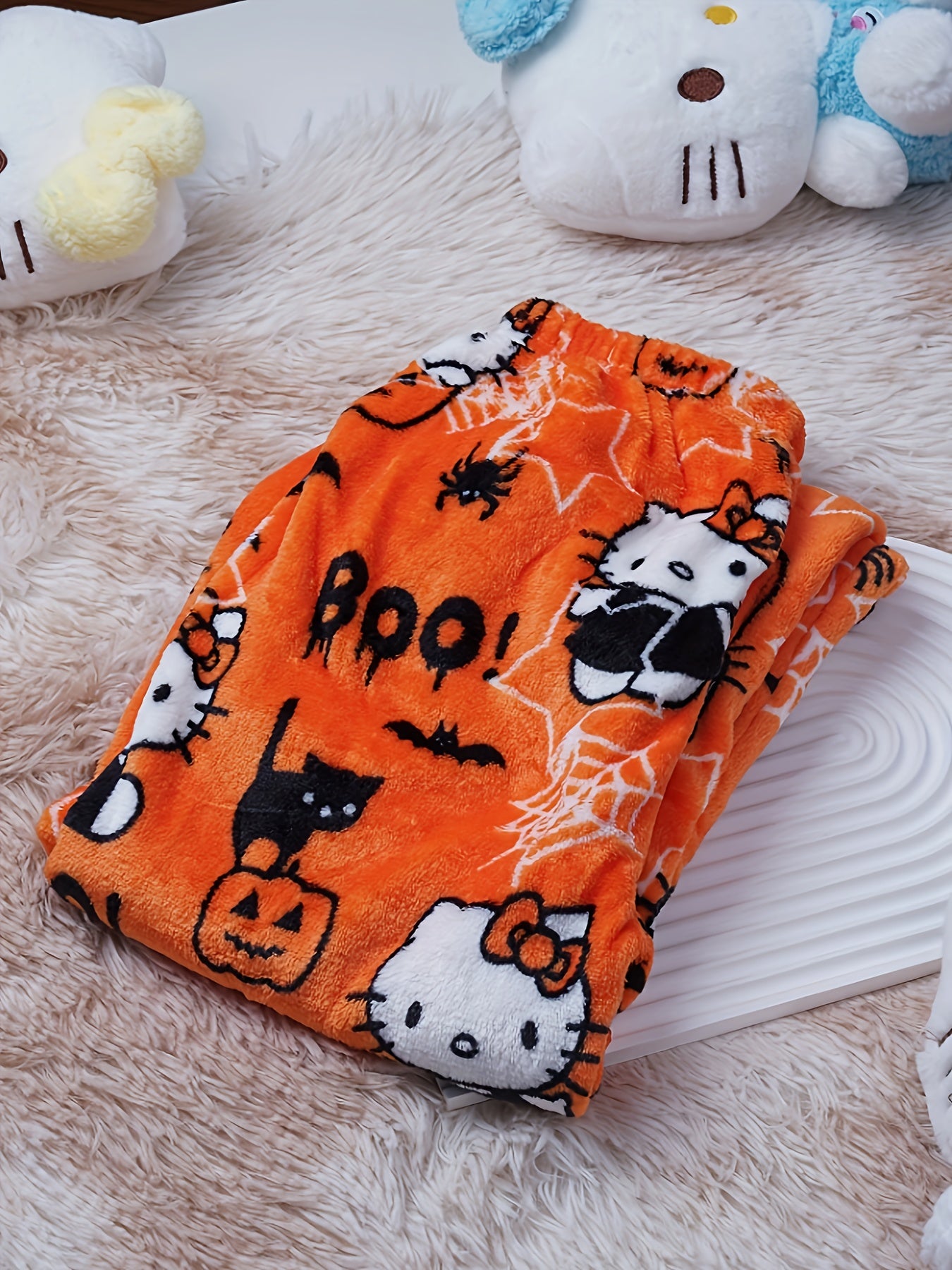 Damen Flanell Schlafhose | Warmes Polyester | Halloween Hello Kitty Druck | Gemütliche Lange Lounge-Pyjama-Hose