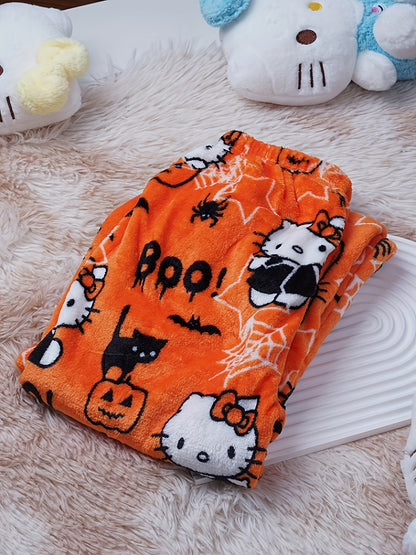 Damen Flanell Schlafhose | Warmes Polyester | Halloween Hello Kitty Druck | Gemütliche Lange Lounge-Pyjama-Hose