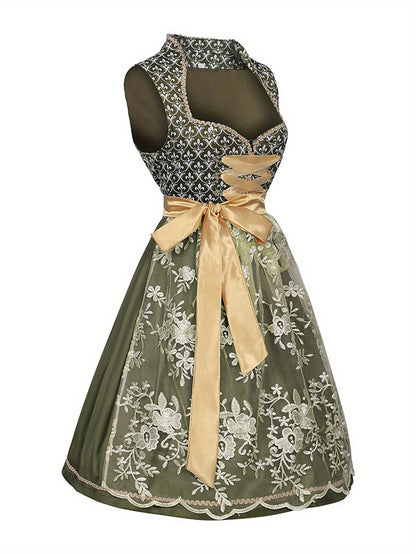 Vintage Olive Green Dirndl Dress – Alpine Style with Gold Lace & Floral Embroidery