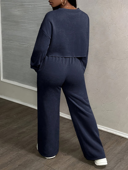 Damensweatshirt und Hosen mit weitem Bein im Lounge-Set | Übergroßes, kurz geschnittenes Oberteil | Kordelzugbund | Vordertaschen | 100 % Polyester | Herbst Winter