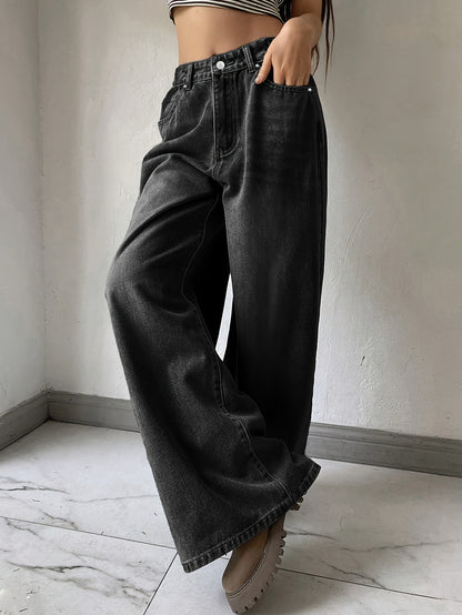 Chic High-Waisted Wide-Leg Black Denim – Relaxed Fit Casual Jeans