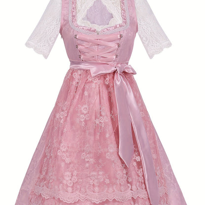 RoseVale – Romantic Alpine Dirndl Dress with Floral Lace and Satin Sash