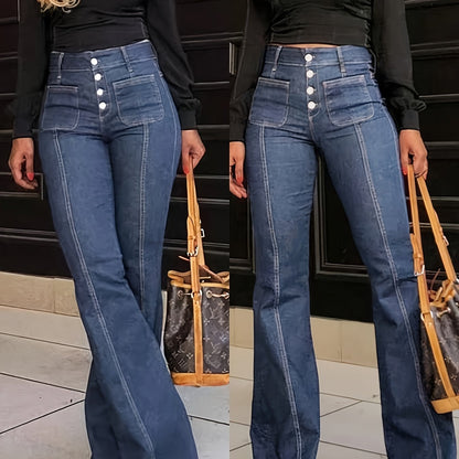 Retro High-Rise Wide-Leg Jeans – Figure-Flattering Vintage Denim with Button Details