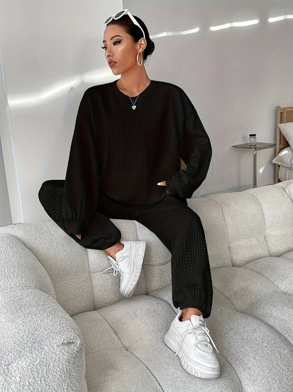 Women's Two-Piece Knit Loungewear Set | Solid Color | Oversized Crew-Neck Sweatshirt + Textured Knit Jogger Pants | Autumn Winter