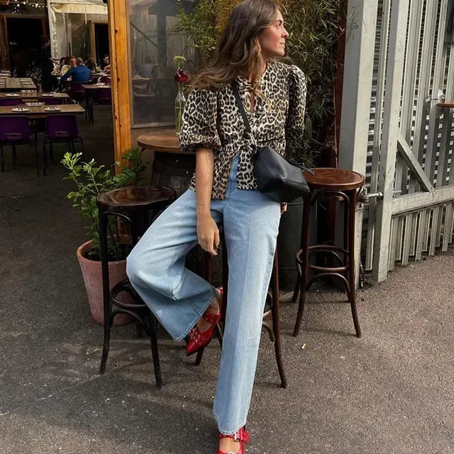 Leopard Bow Puff Sleeve Top™ — Feminine Flair Meets Effortless Charm