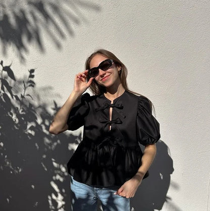 Leopard Bow Puff Sleeve Top™ — Feminine Flair Meets Effortless Charm