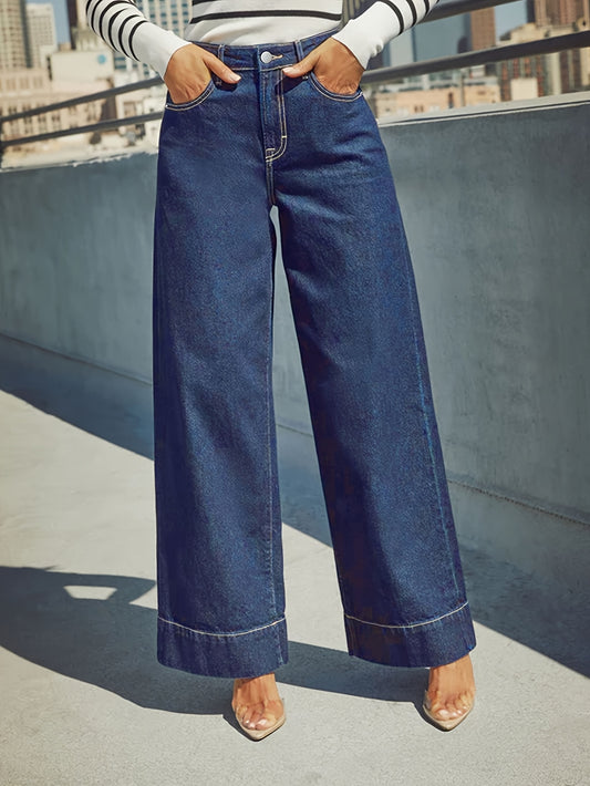 Wide-Leg Stretch Denim Jeans – High-Waist Flexible Comfort with Cuffed Hem