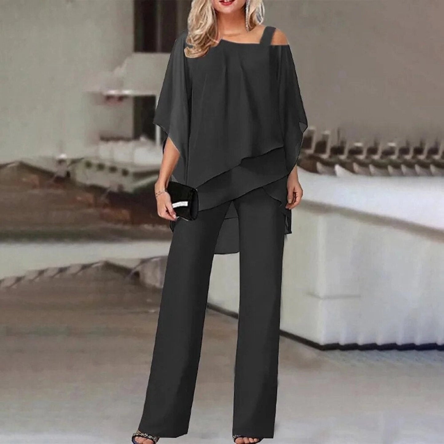 MaraisVue™ Navy Blue Cold-Shoulder Jumpsuit — Sleek Comfort Meets Evening Elegance