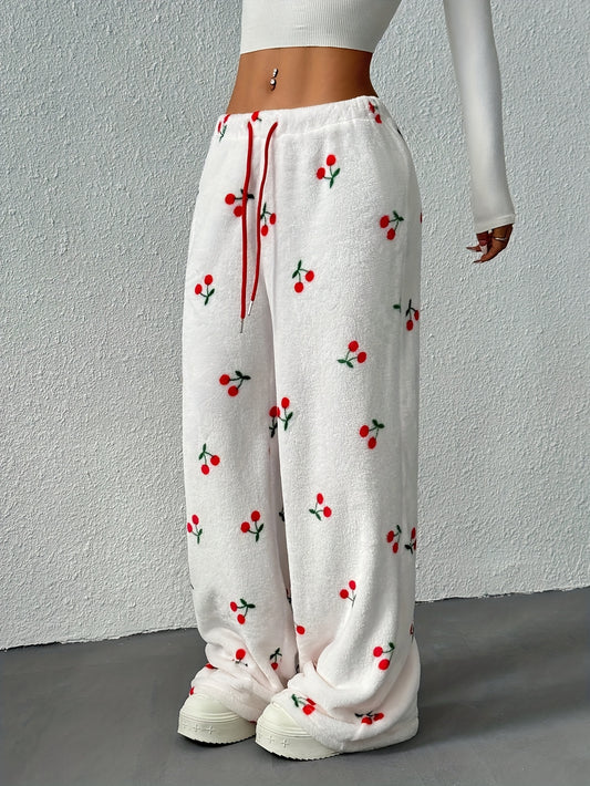 Women's Fleece-Lined Pajama Pants | Cherry Print | Adjustable Drawstring | Warm Flannel Lounge Wear for Fall Winter