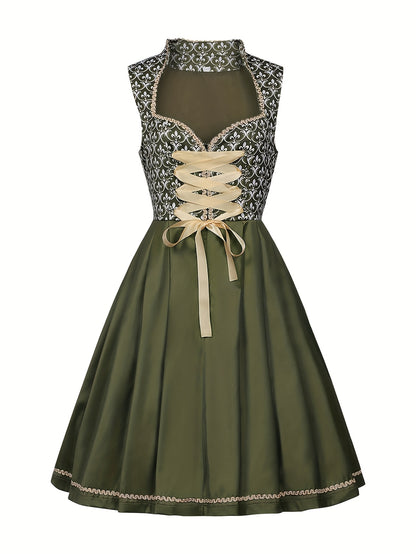Vintage Olive Green Dirndl Dress – Alpine Style with Gold Lace & Floral Embroidery