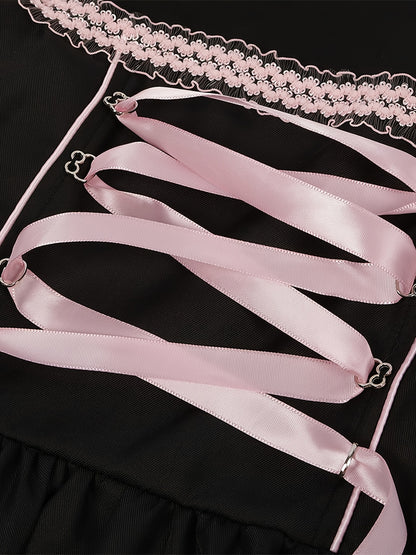 RosetteCharm Dirndl – Elegant Black Floral Embroidered Dress with Satin Sash